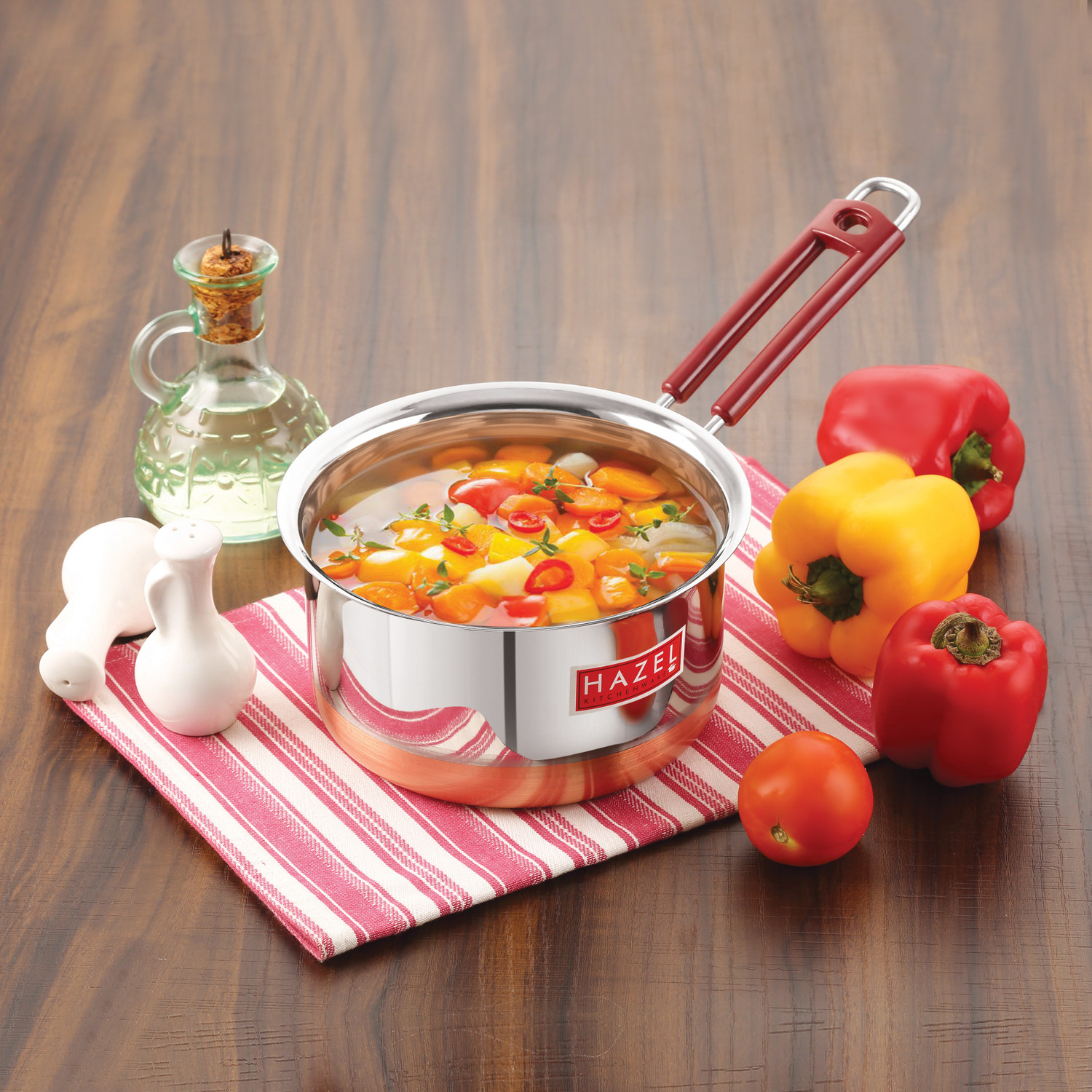 Image of HAZEL Stainless Steel Saucepan Copper Bottom Tea Pan With Rubber Grip Handle, 1300 ML Cookware Set