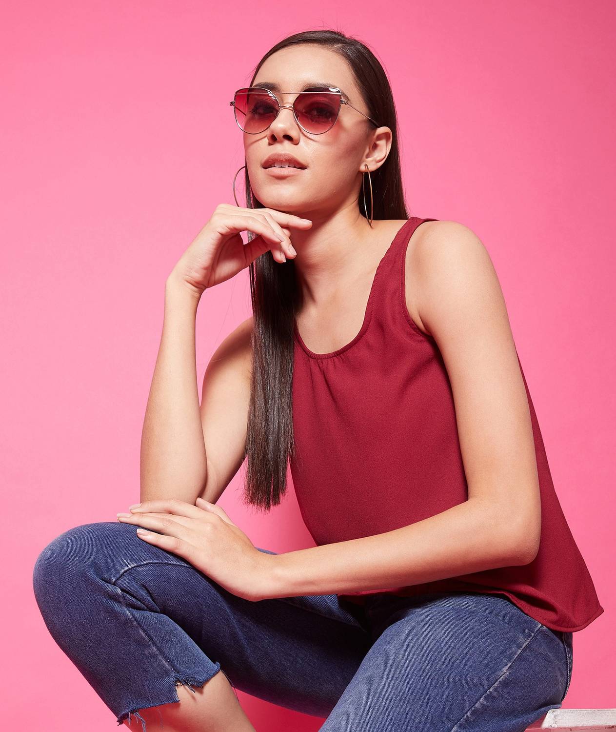 Chimpaaanzee Casual Sleeveless Solid Women Maroon Top
