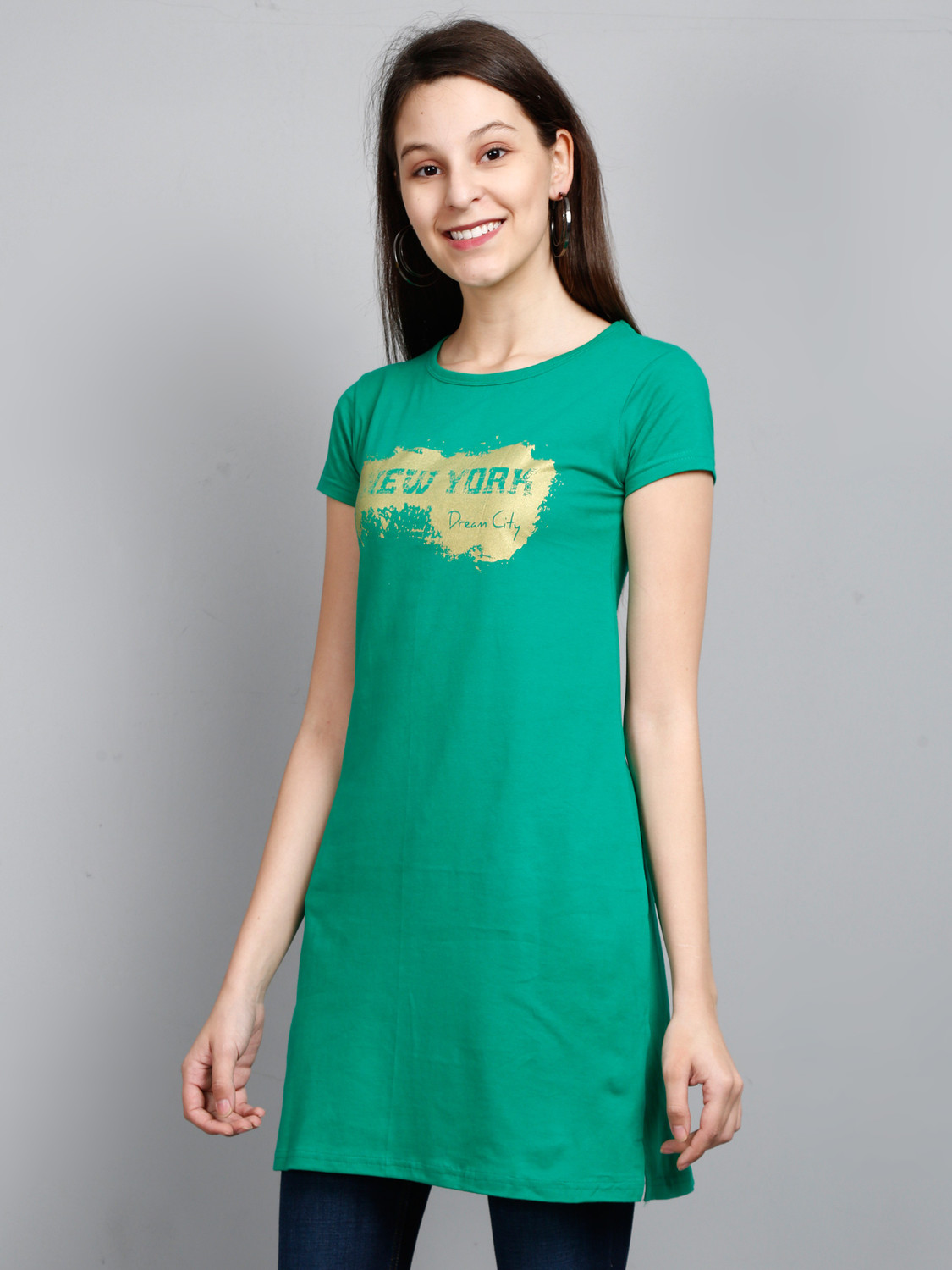Image of Fleximaa Casual Short Sleeve Printed Women Green, Grey Top
