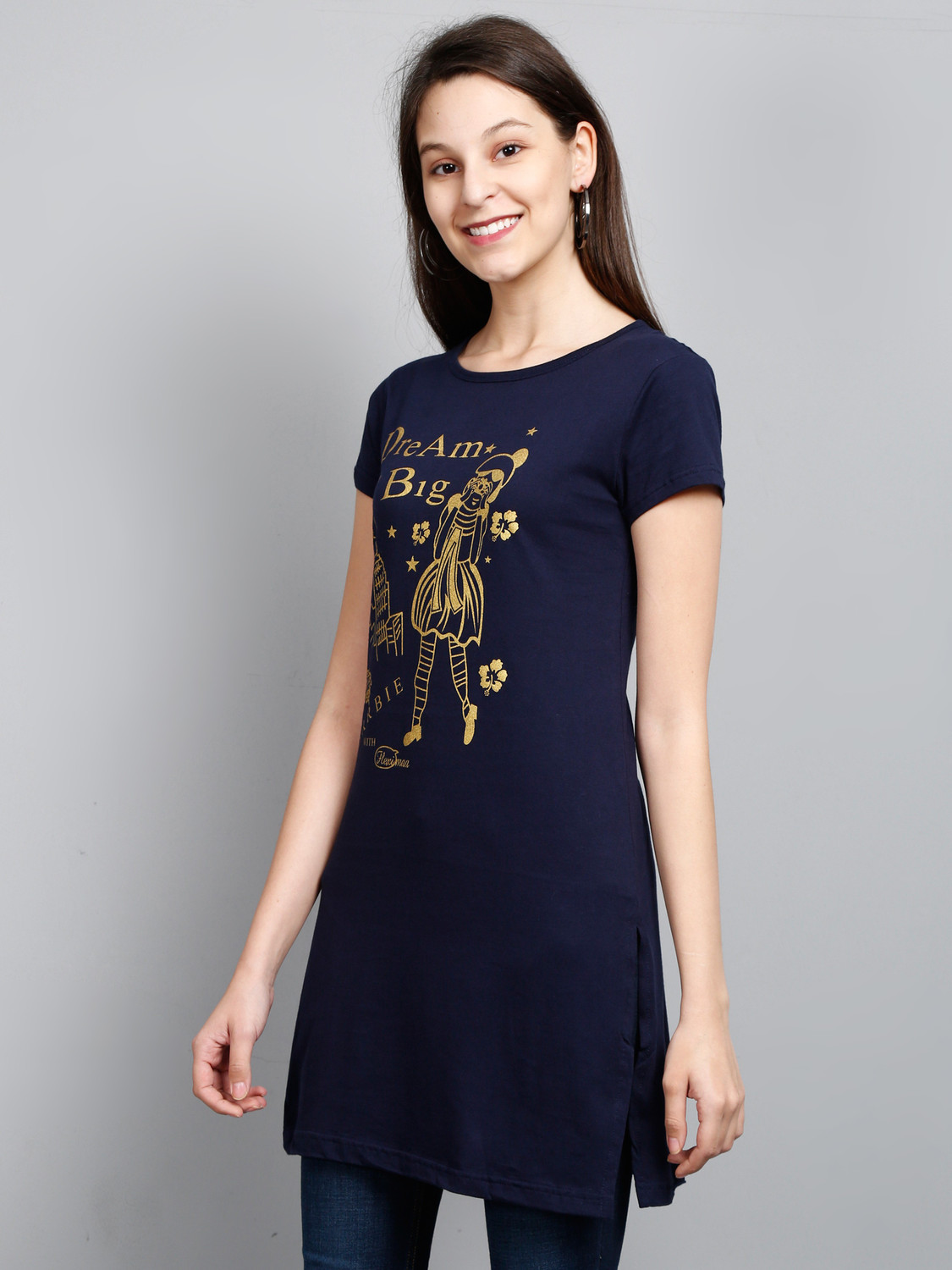 Image of Fleximaa Casual Short Sleeve Printed Women Dark Blue, Grey Top