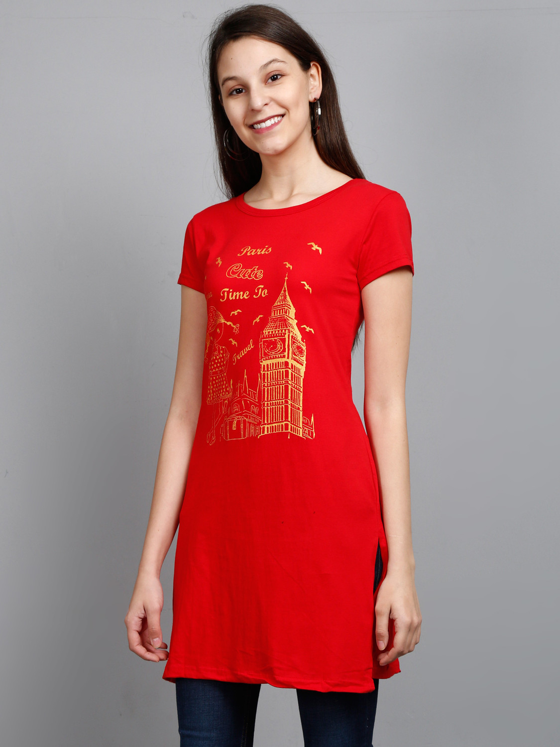 Image of Fleximaa Casual Short Sleeve Printed Women Dark Blue, Red Top