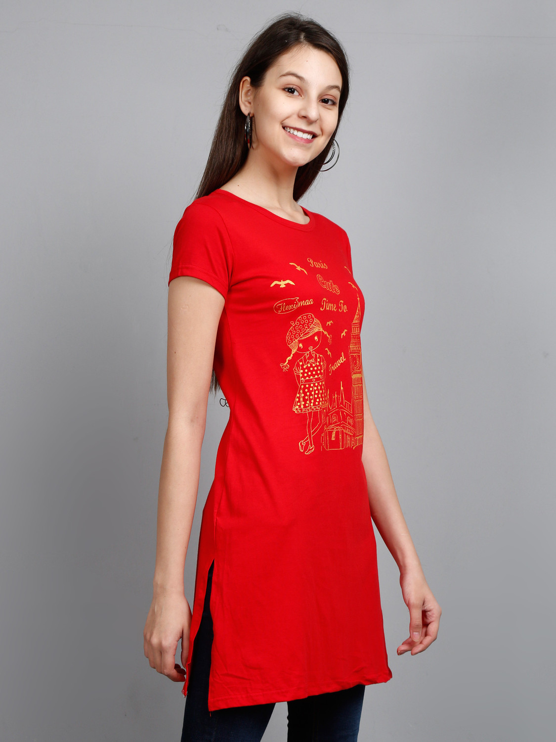 Image of Fleximaa Casual Regular Sleeve Printed Women Red Top