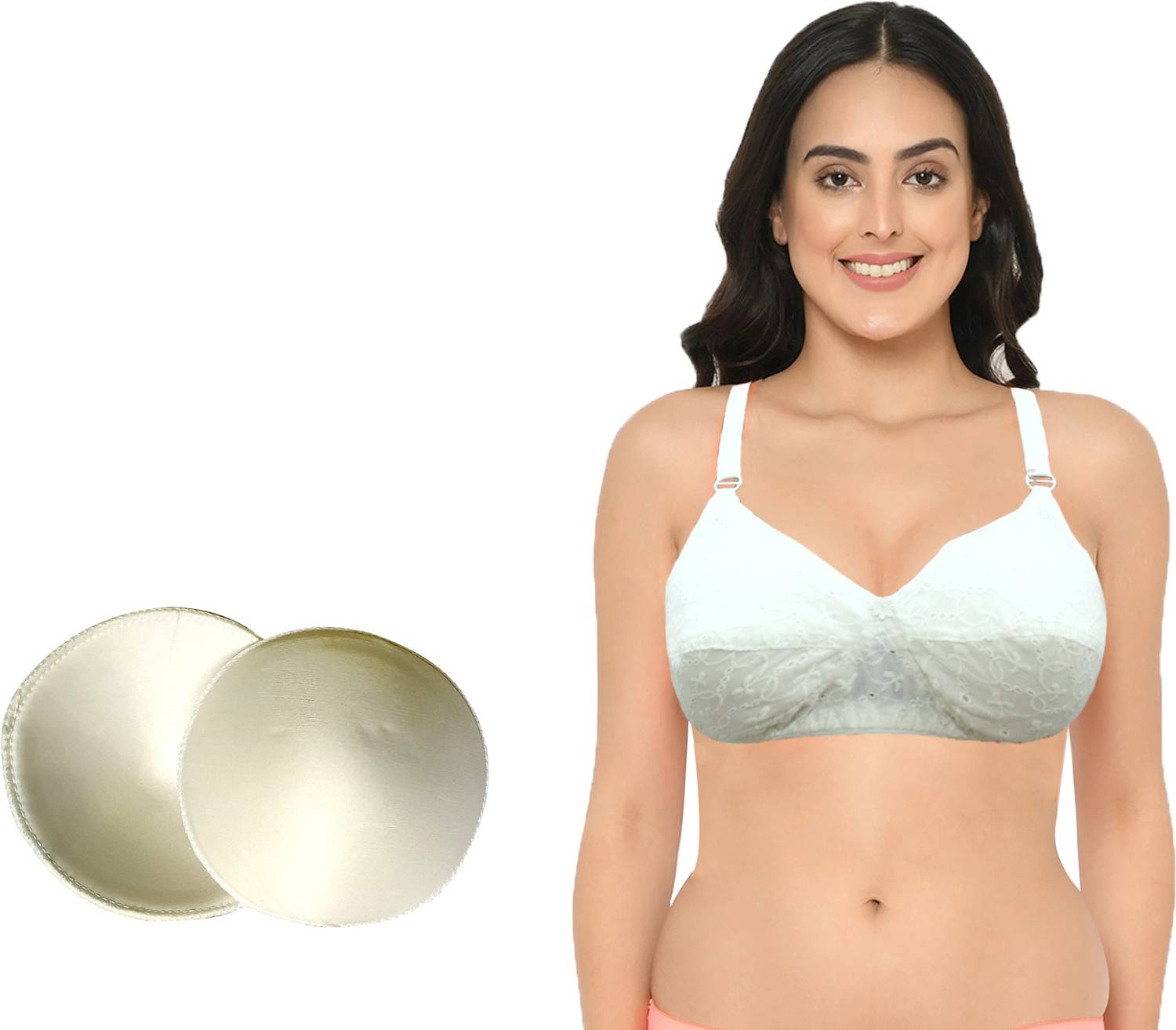 BENCOMM Mastectomy Cancer Pocket Bra Embroidery Pure Cotton-1 Bra With 1 Pair of Push Up Cups-White (Size-32) Women Push-up Lightly Padded Bra