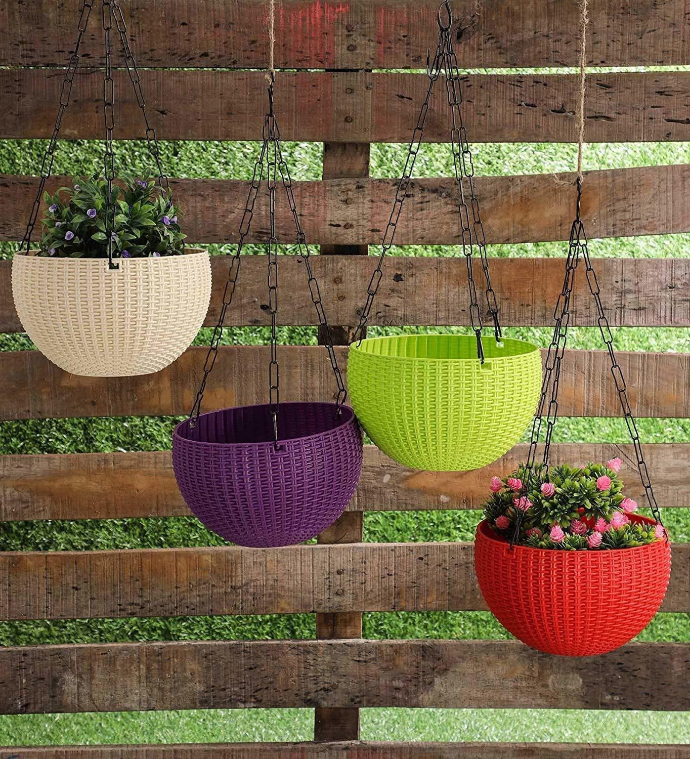 Image of CosaCentrum Plastic Container Set Euro Basket Hanging Pot Railing Pot Hook Pot ( Pack of 6 pcs Euro Basket ) Plant Container Set (Pack of 6, 8 inch)ic) Plastic Flower Basket