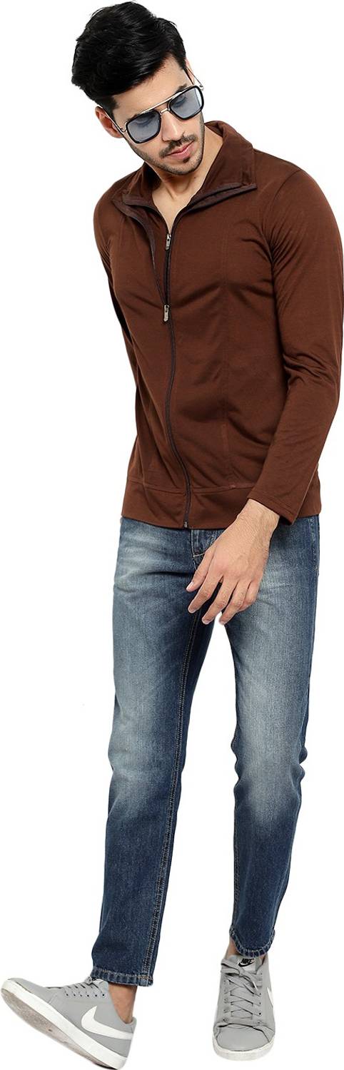 Bribzy Solid Men High Neck Brown T-Shirt
