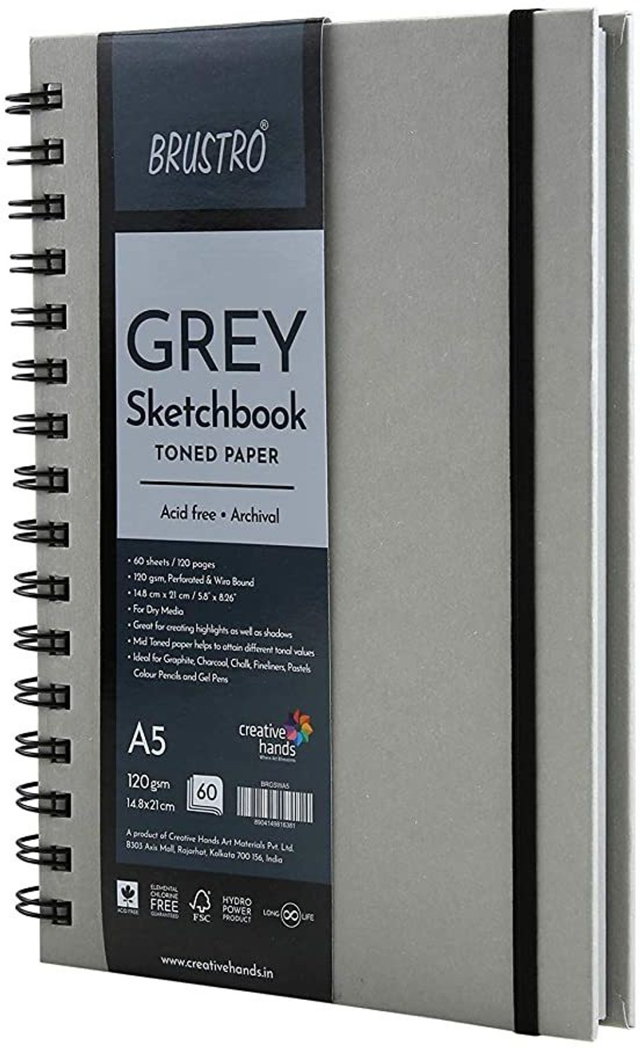 Image of BRuSTRO Toned Paper - Grey Sketchbook, Wiro Bound, Size A5 120GSM (60 Sheets) 120 Pages Sketch Pad