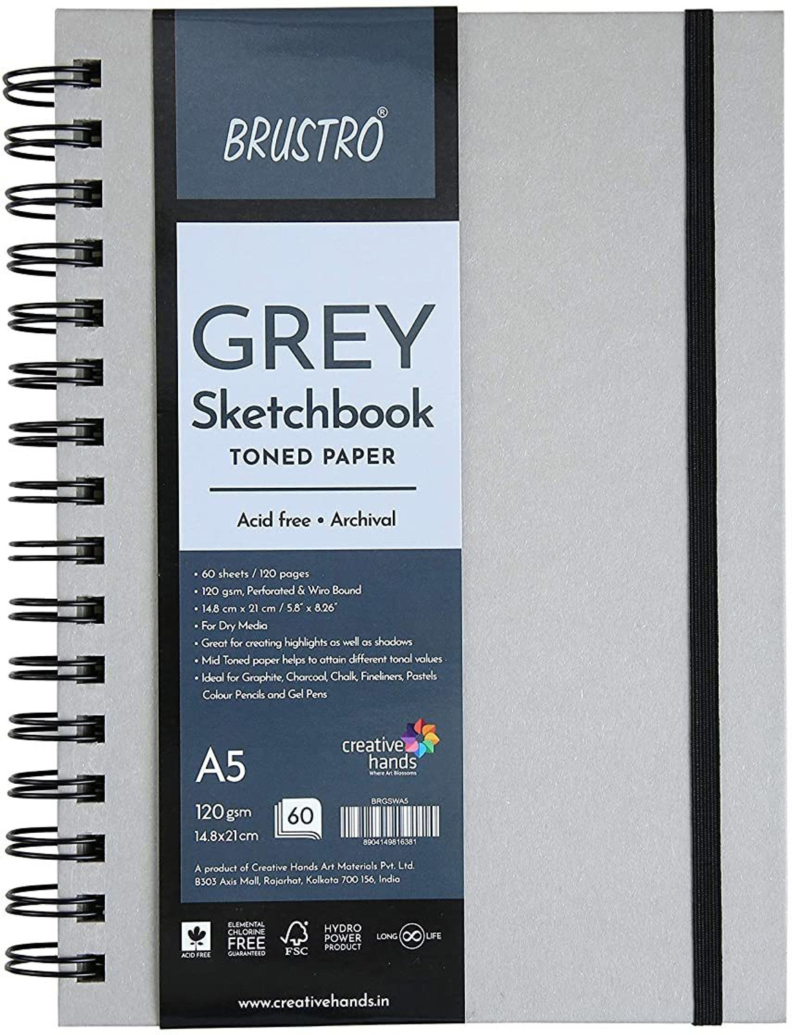 Image of BRuSTRO Toned Paper - Grey Sketchbook, Wiro Bound, Size A5 120GSM (60 Sheets) 120 Pages Sketch Pad