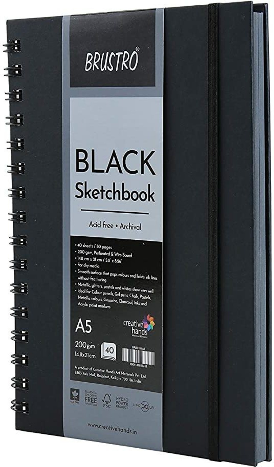 Image of BRuSTRO Black Sketchbook, Wiro Bound, Size A5, 200GSM (40 Sheets) 80 Pages Sketch Pad