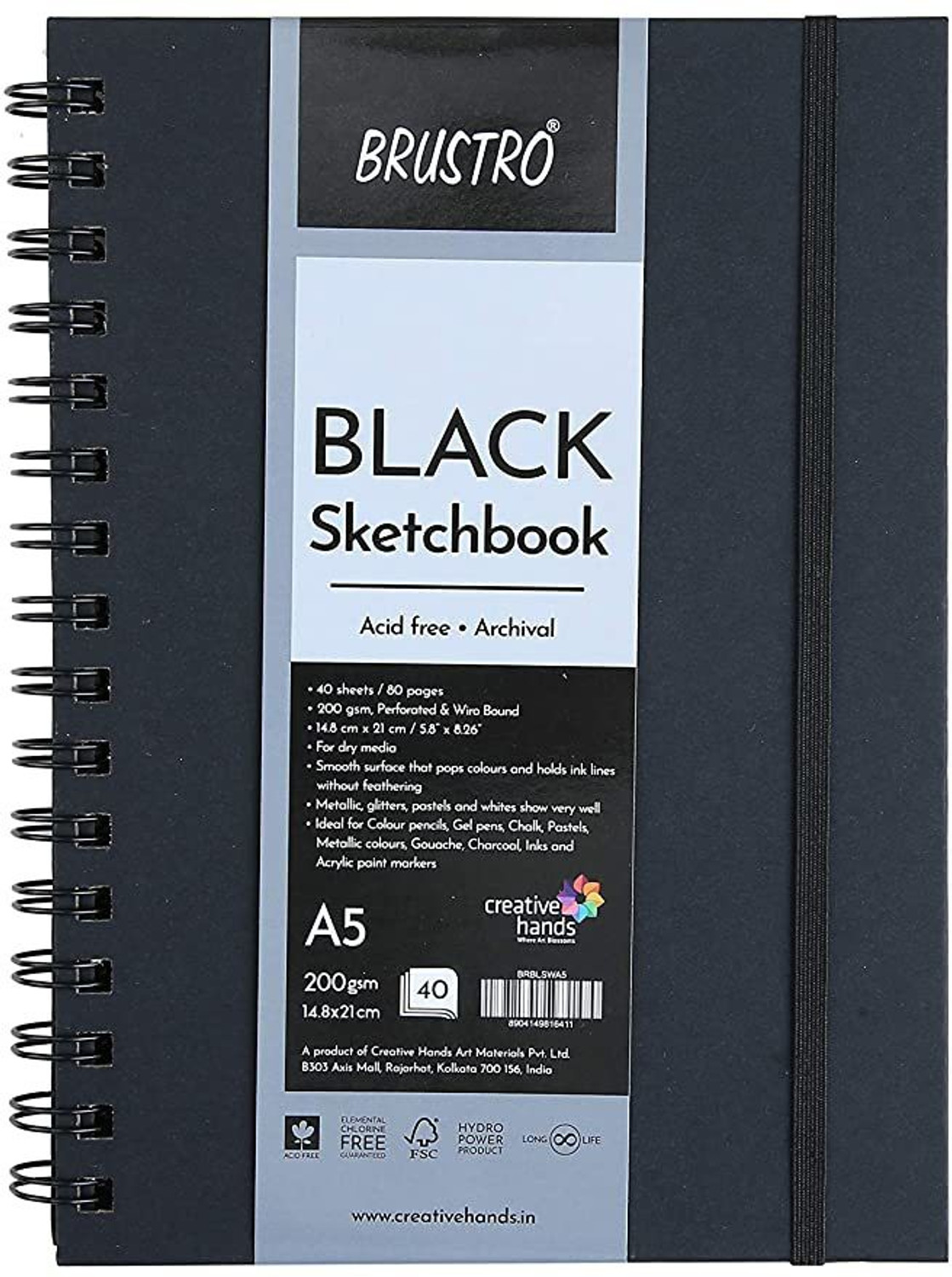 Image of BRuSTRO Black Sketchbook, Wiro Bound, Size A5, 200GSM (40 Sheets) 80 Pages Sketch Pad