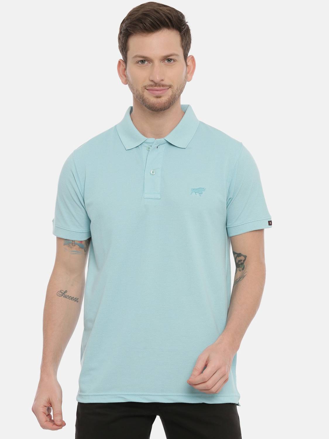 Bushirt Self Design Men Polo Neck Light Blue T-Shirt