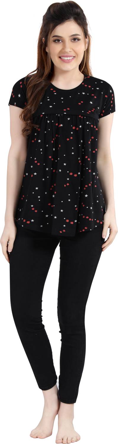 AV2 Casual Short Sleeve Printed Women Black Top