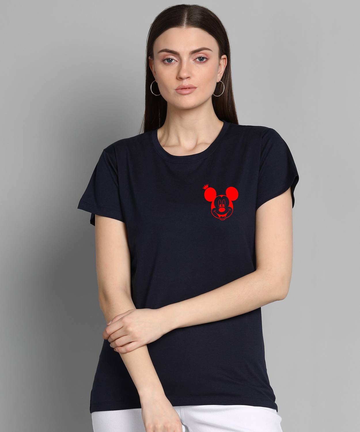 bfb Printed Women Round Neck Dark Blue T-Shirt