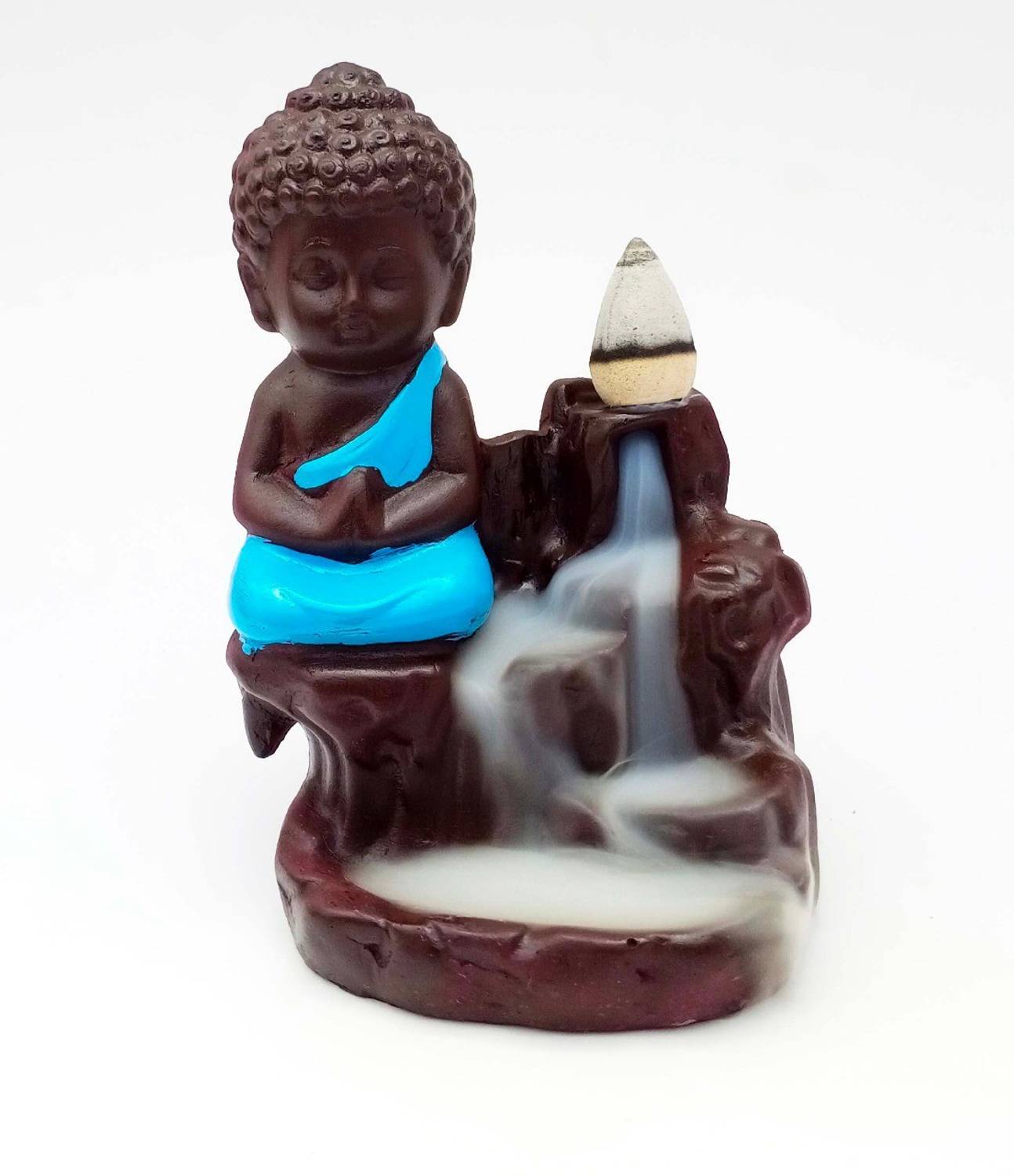 BHATIA Handcrafted Meditating Little baby Monk Buddha Smoke Backflow Cone Incense Holder With 10 Incense Cones Decorative Showpiece - Decorative Showpiece  -  11 cm