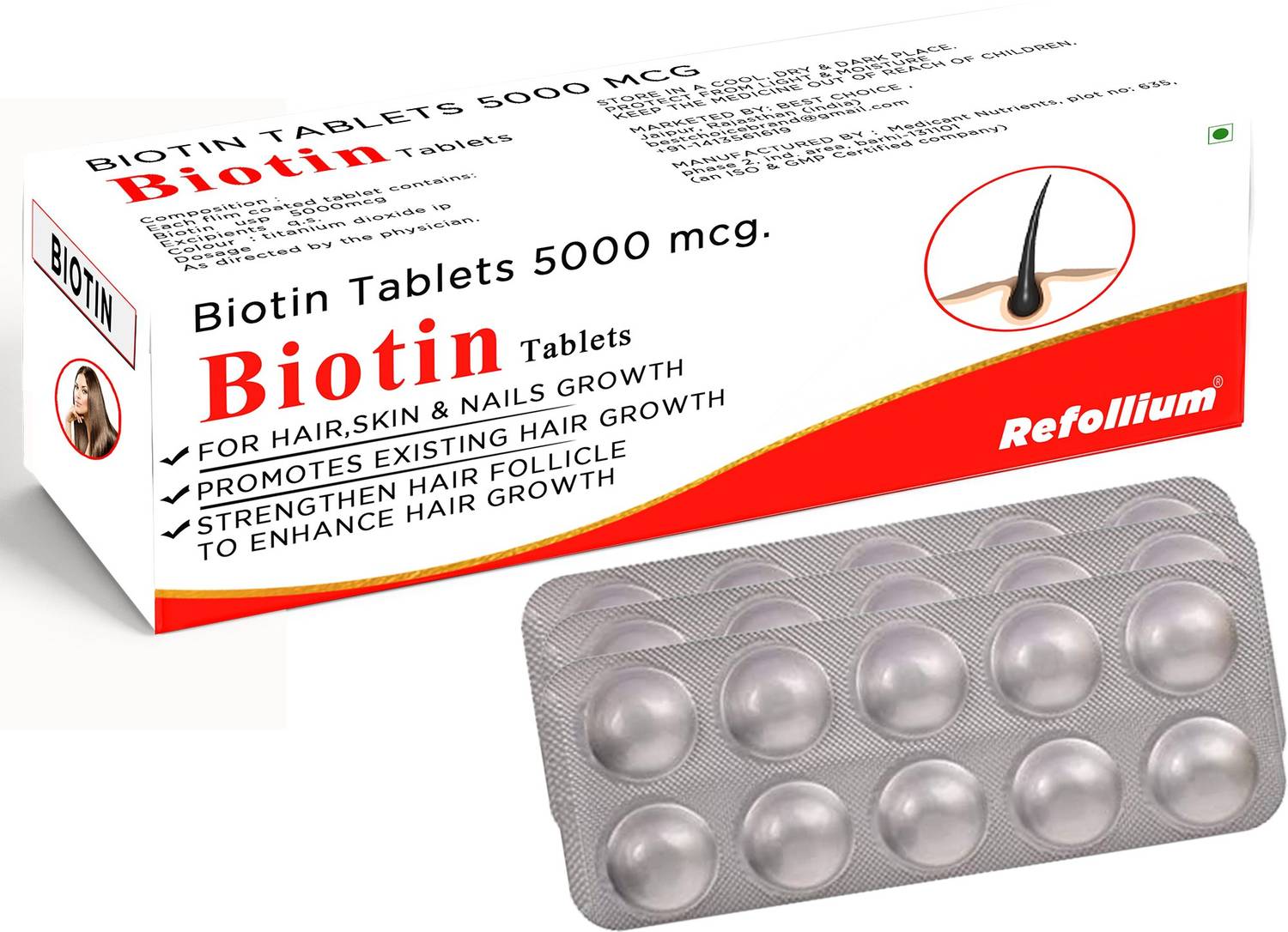 Refollium Biotin 5000 mcg Maximum Strength For Hair Growth ,Skin