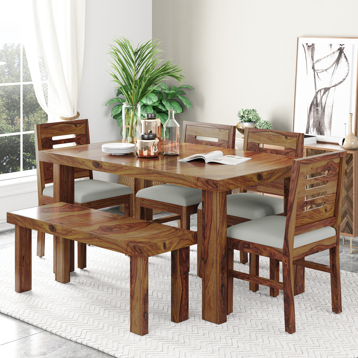 Kendalwood Furniture Premium Dining Room Furniture Wooden Dining Table with 4 Chairs & 1 Bench Solid Wood 6 Seater Dining Set