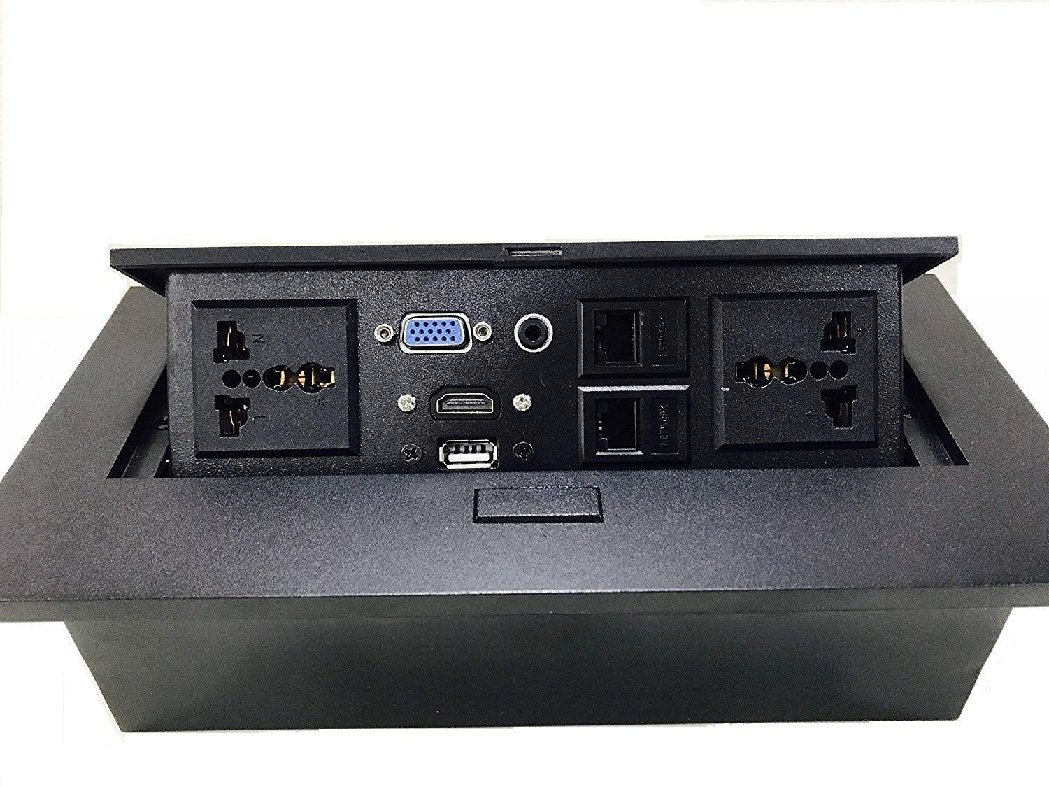 Image of coolcold Hydraulic Cable Cubby Popup Box with HDMI Connector, VGA Connector, Audio Connector, LAN Port, Power Ports & USB Port Worldwide Adaptor