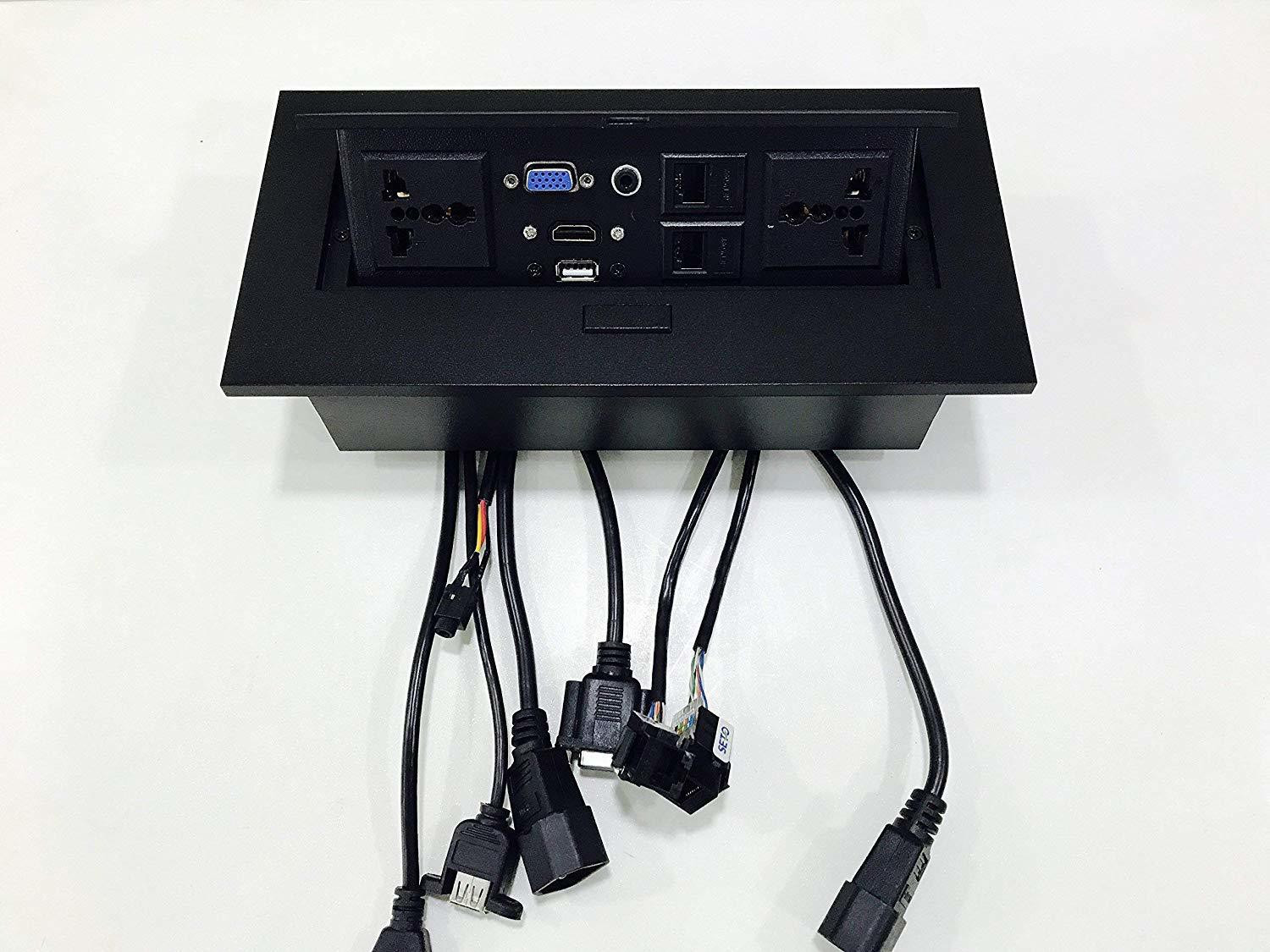 Image of coolcold Hydraulic Cable Cubby Popup Box with HDMI Connector, VGA Connector, Audio Connector, LAN Port, Power Ports & USB Port Worldwide Adaptor