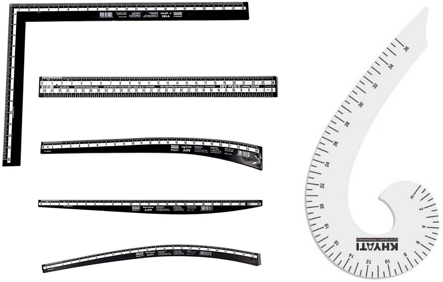 KHYATI Fashion Designing Scale- Hard Plastic Scale- Set of 6, L-Square Straight, Arm Curve, Hip Curve, Straight Ruler, Leg Curve and 1 pc French curve scale-Sewing/ Tailoring material Material, Tailoring kit/ sewing kit Sewing Kit