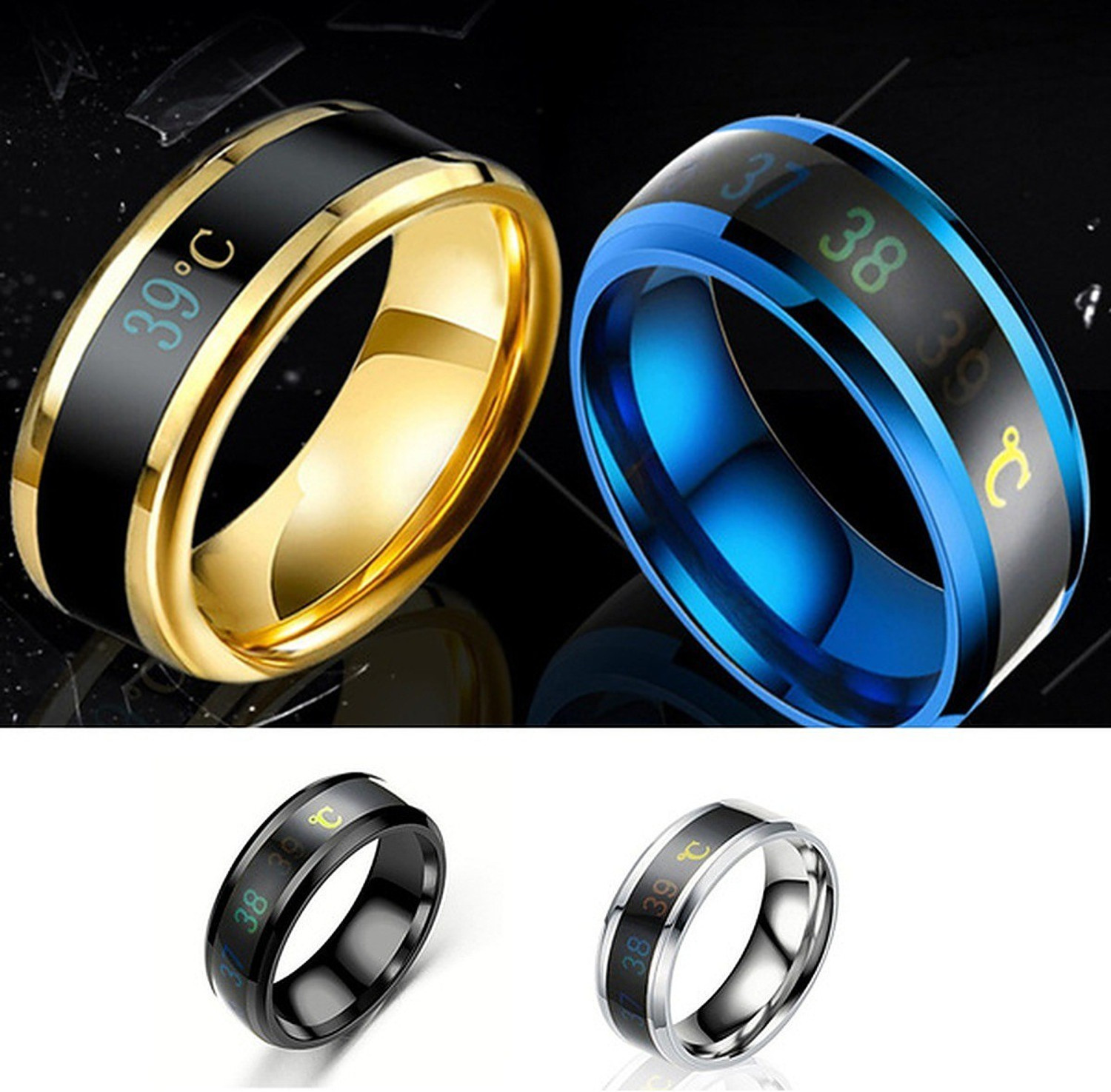 Image of Heer Collection Intelligent Smart Body Temperature Monitor Stainless Steel Ring Valentine gift Fashion Jewellery Collection propose Lovers Fancy Party wear Stylish latest design Heart Dragon king Couples Love Golden Black Blue Mens Style Thumb Smart Band Gold plated Name Letter Hand Finger Rings Combo set pack for men /girls / Boys / boyfriend / husband /gents /Couple Simple Single Daily use Gift Adjustable size High Trendy style, Tungsten, Metal, Brass, Enamel, Alloy Titanium, Gold, Black Silver, Rhodium Plated Ring, Stainless Steel Ring