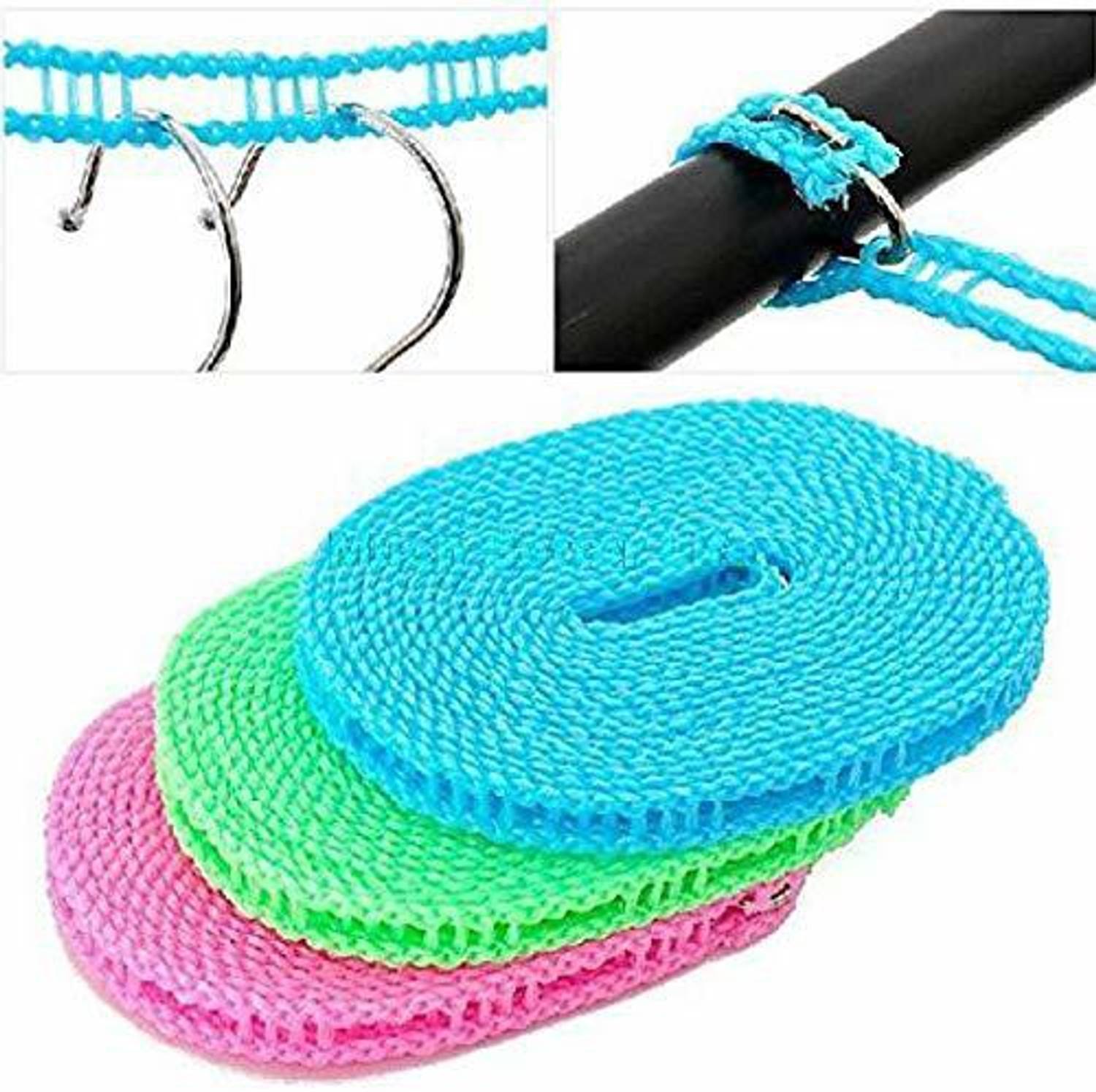 AADGEX 5 Meters Windprood Anti-Slip Clothes Washing Line Drying Nylon Rope with Hooks Multicolor