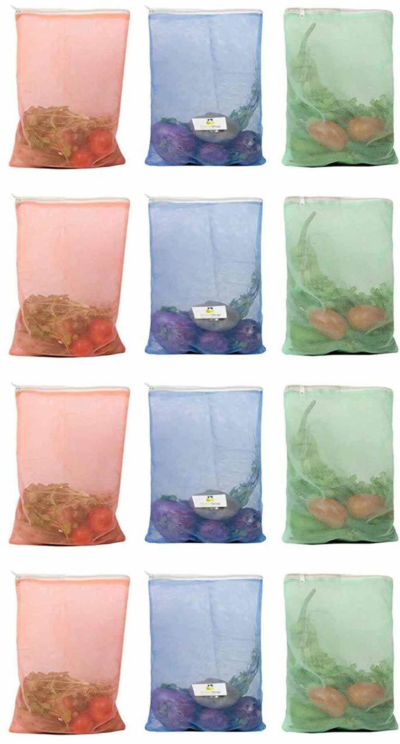 batwada export Set of 12 Reusable Double Layer Mesh Fridge Bags for Storage of Fruits & Vegetables Pack of 12 Grocery Bags