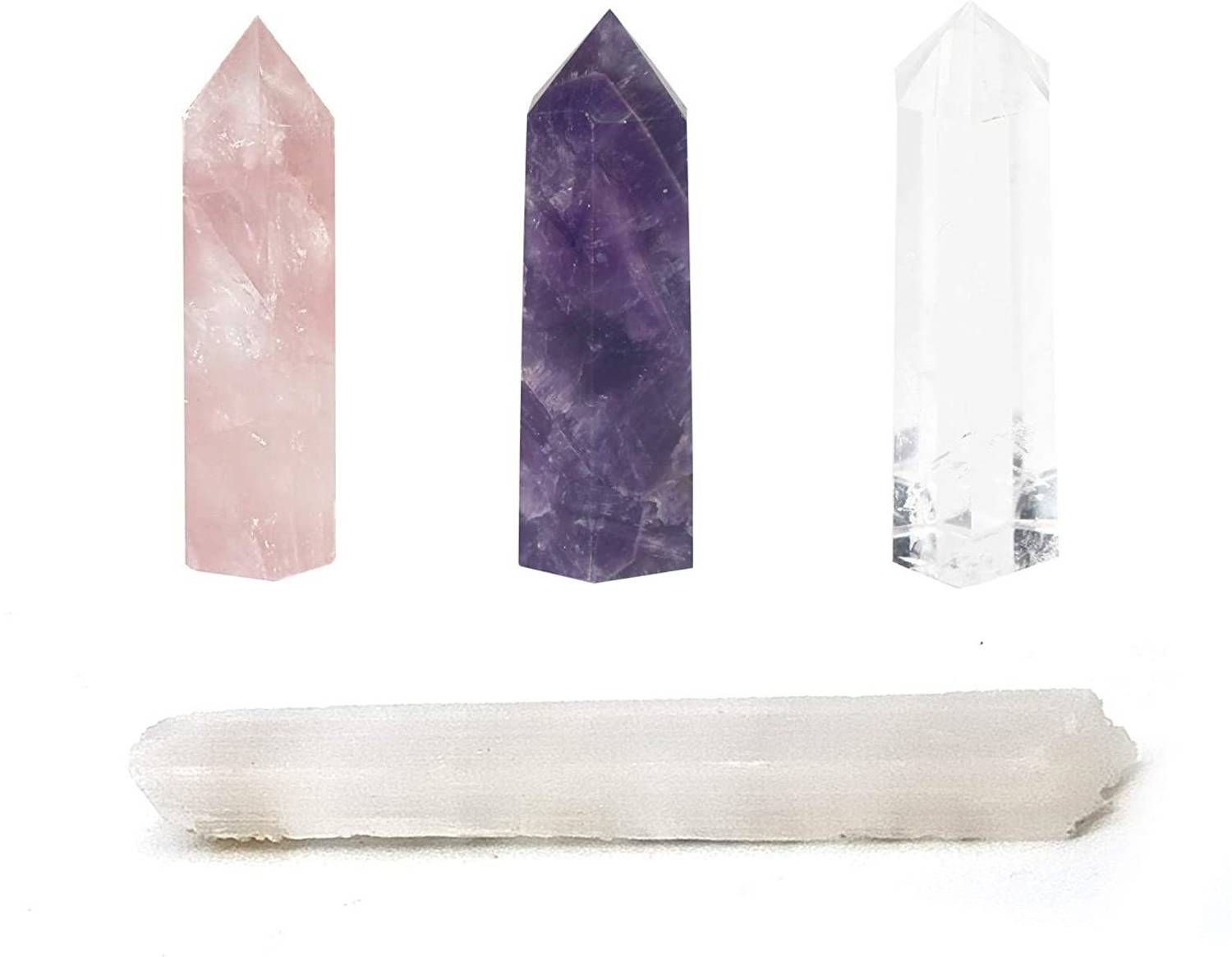 AIR9999 Natural Amethyst Rose Quartz and Clear Quartz 30 mm Micro Mini Pencils and Selenite Rough Stick Set for Reiki Healing Decorative Showpiece - 3 cm