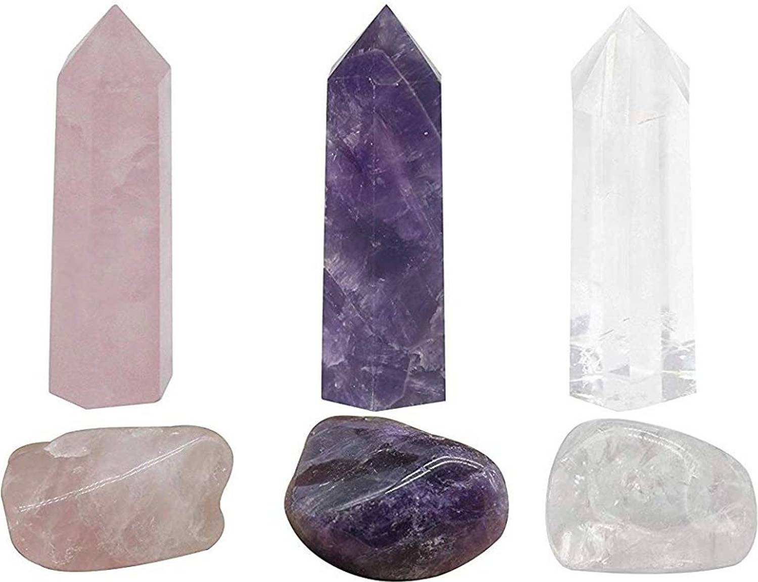 AIR9999 Natural Rose Quartz Amethyst and Clear Quartz 30 Mm Mini Pencils Set and Tumbles for Reiki Healing and Grids Making Decorative Showpiece - 3 cm