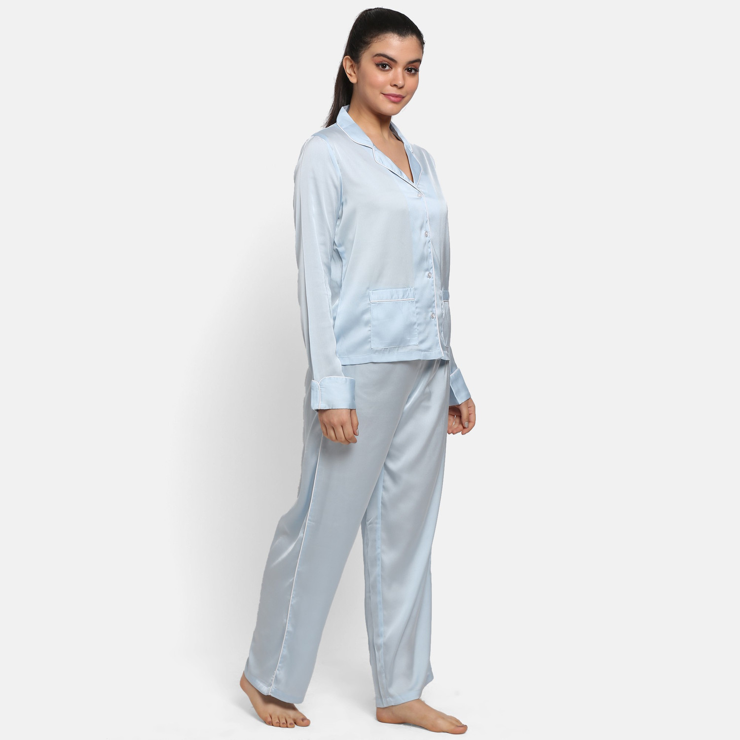 Image of PRETTY LOVING THING Women Solid Light Blue Shirt & Pyjama set