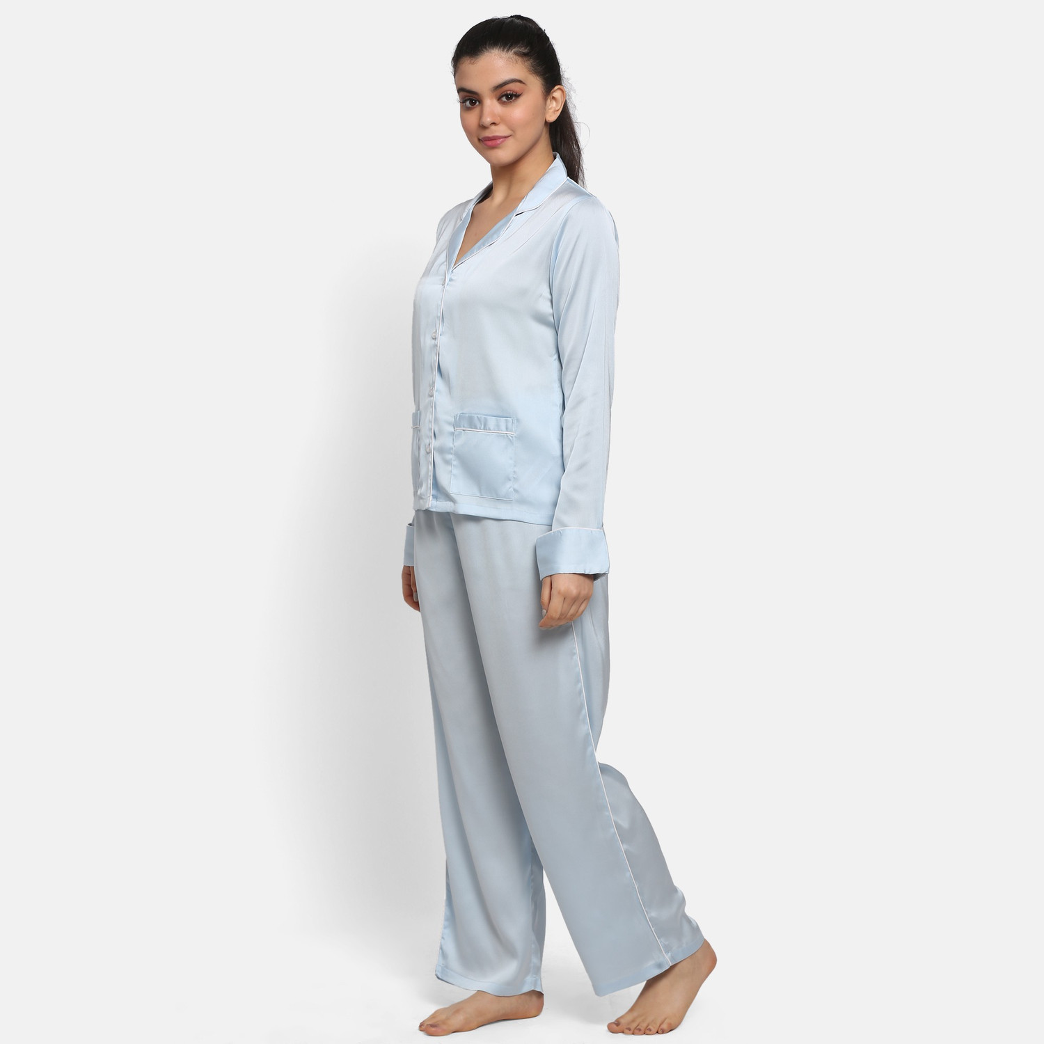 Image of PRETTY LOVING THING Women Solid Light Blue Shirt & Pyjama set