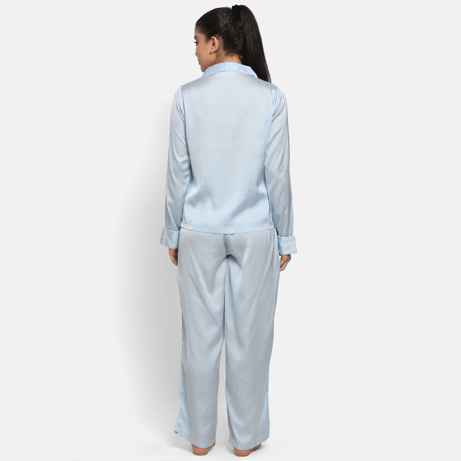 Image of PRETTY LOVING THING Women Solid Light Blue Shirt & Pyjama set