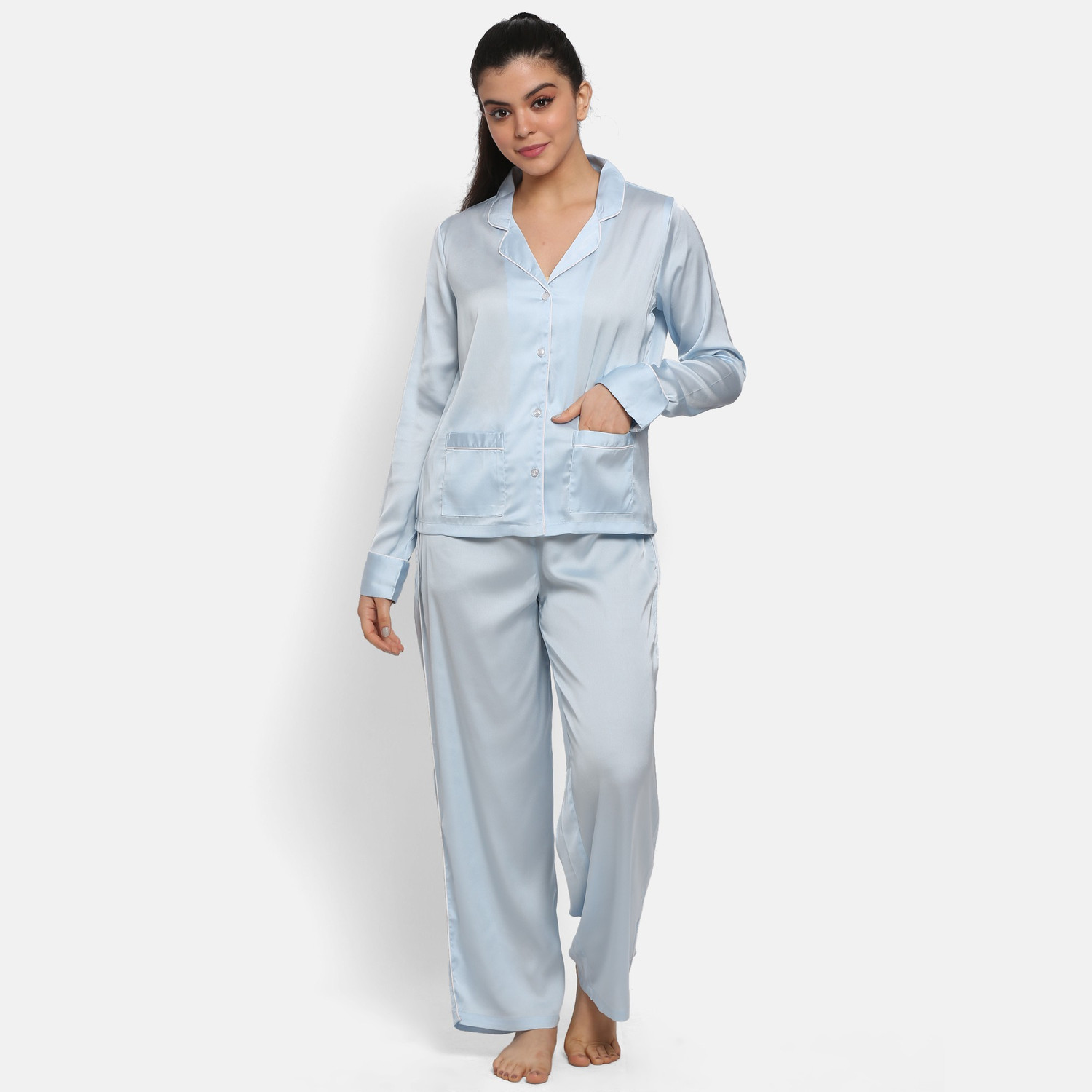 Image of PRETTY LOVING THING Women Solid Light Blue Shirt & Pyjama set