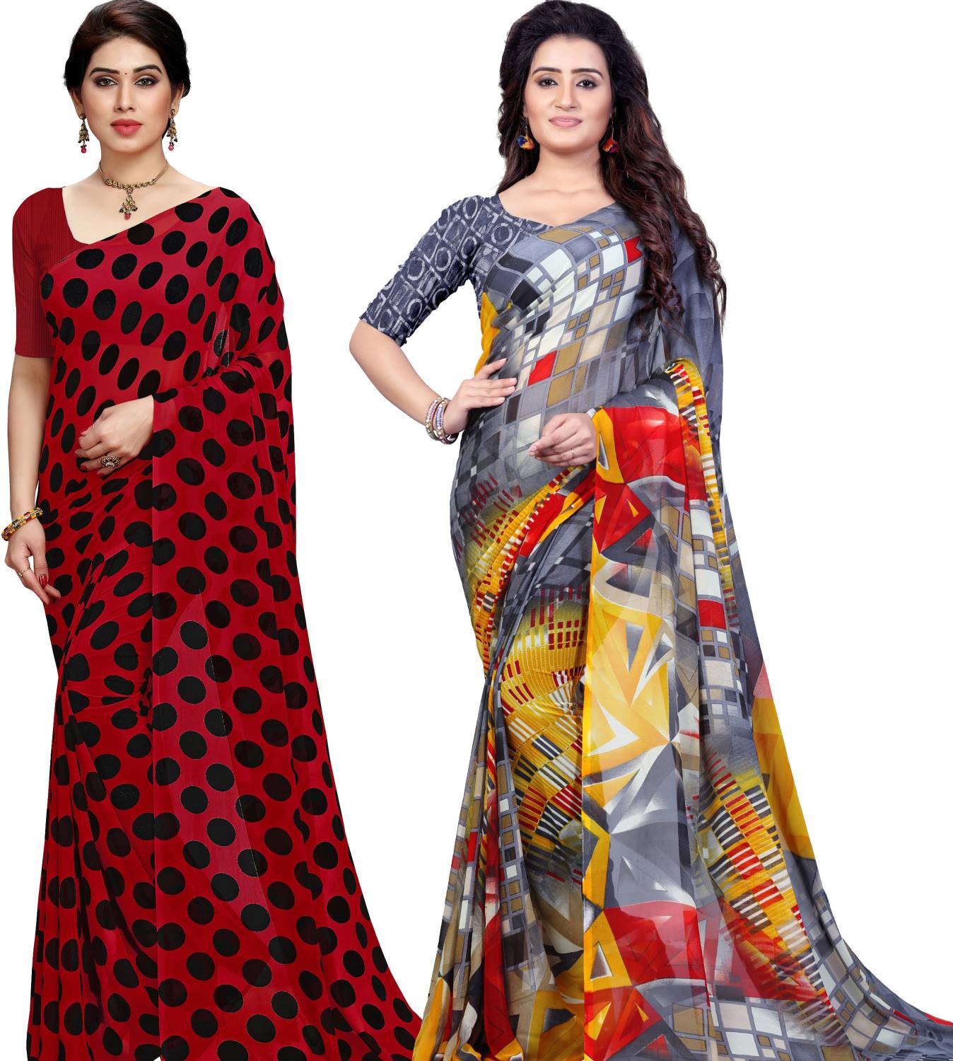 ANAND Polka Print, Floral Print Daily Wear Georgette Saree