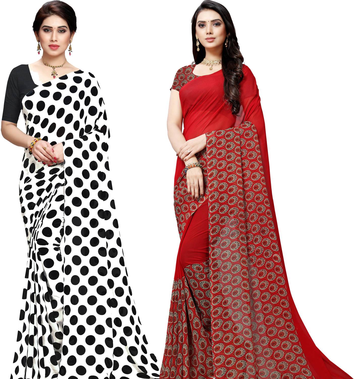 ANAND Polka Print, Floral Print Daily Wear Georgette Saree