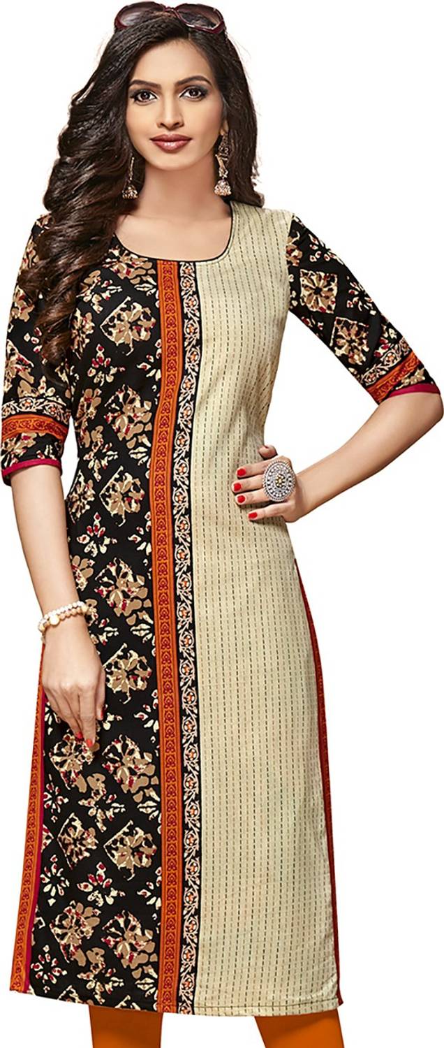 Jevi Prints Women Printed Pure Cotton Straight Kurta (Black, Beig