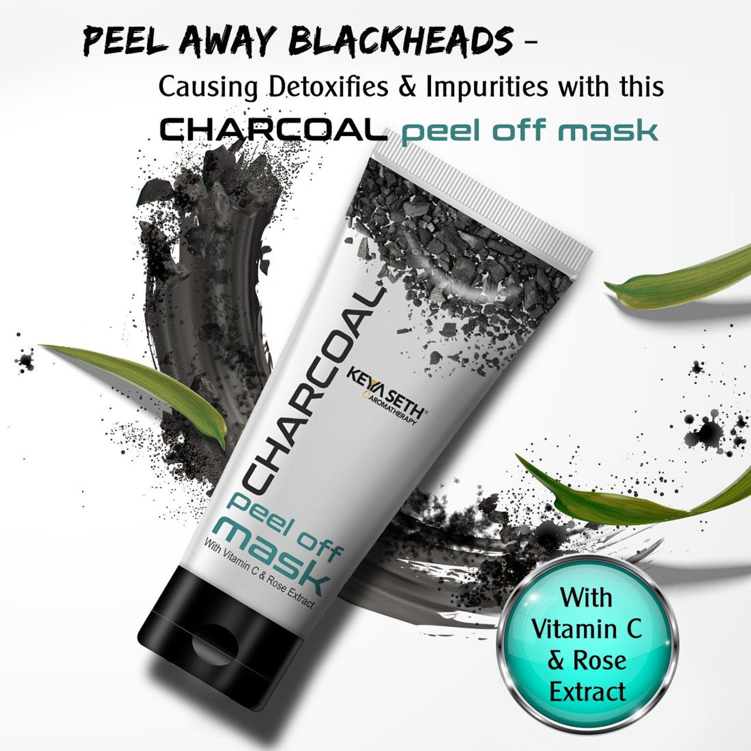 Image of KEYA SETH AROMATHERAPY Charcoal Peel Off Mask, Blackhead & Dead Skin Removal Tightens Pores, Deeply Cleanses for Men & Women Enriched with Vitamin C & Rose Extract & Activated Charcoal (50ml X 2)