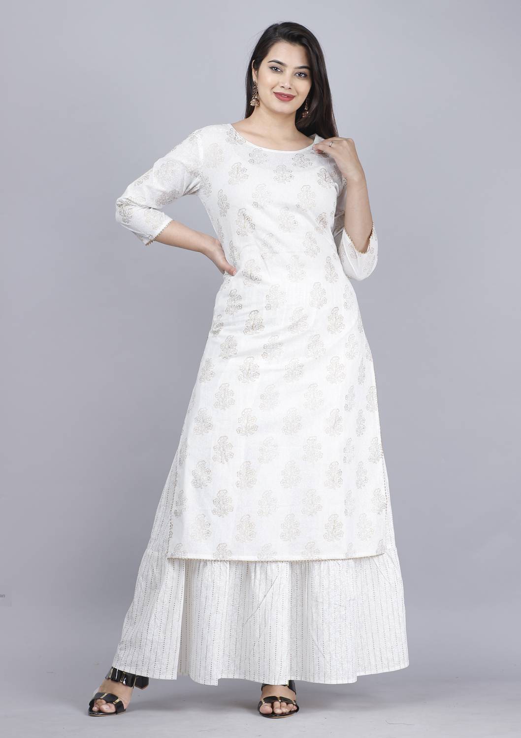 BHAGLI Women Printed Pure Cotton Straight Kurta (White)