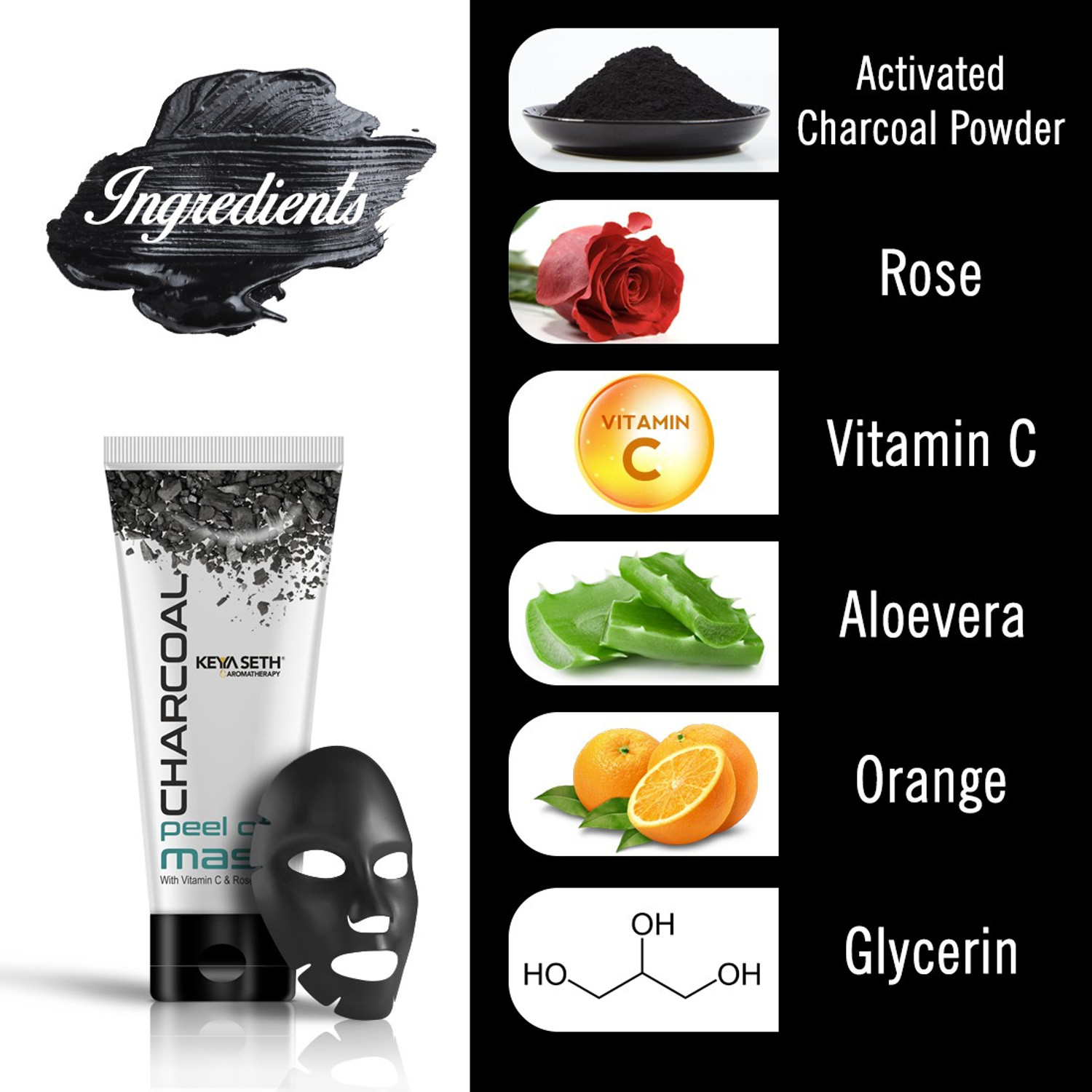 Image of KEYA SETH AROMATHERAPY Charcoal Peel Off Mask, Blackhead & Dead Skin Removal Tightens Pores, Deeply Cleanses for Men & Women Enriched with Vitamin C & Rose Extract & Activated Charcoal (50ml X 2)