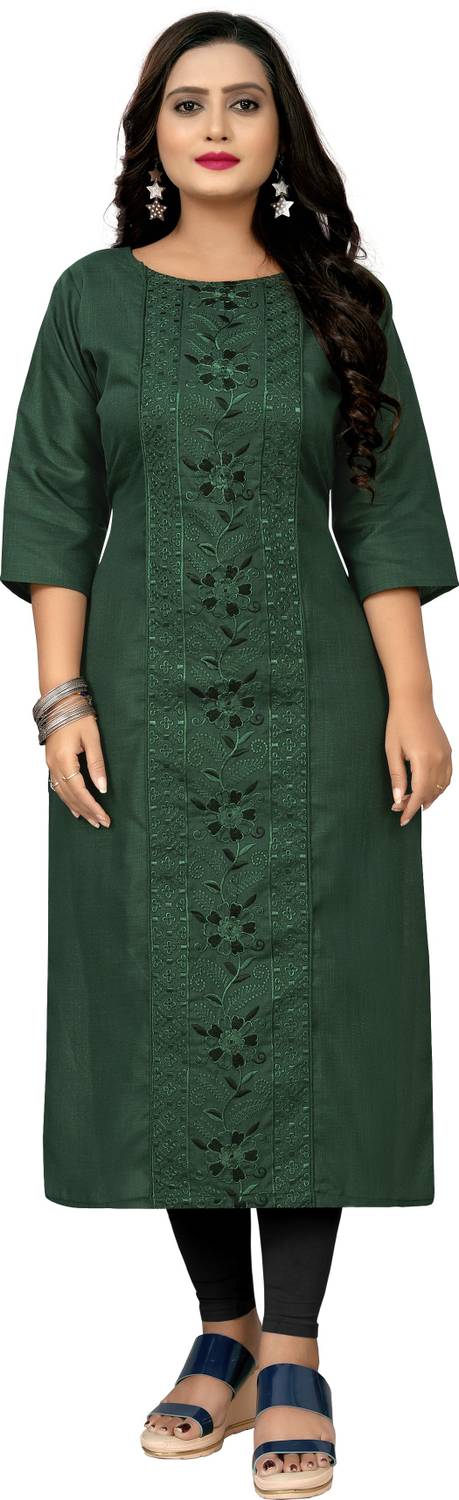 Hetsa Women Embroidered Cotton Blend Straight Kurta (Dark Green)