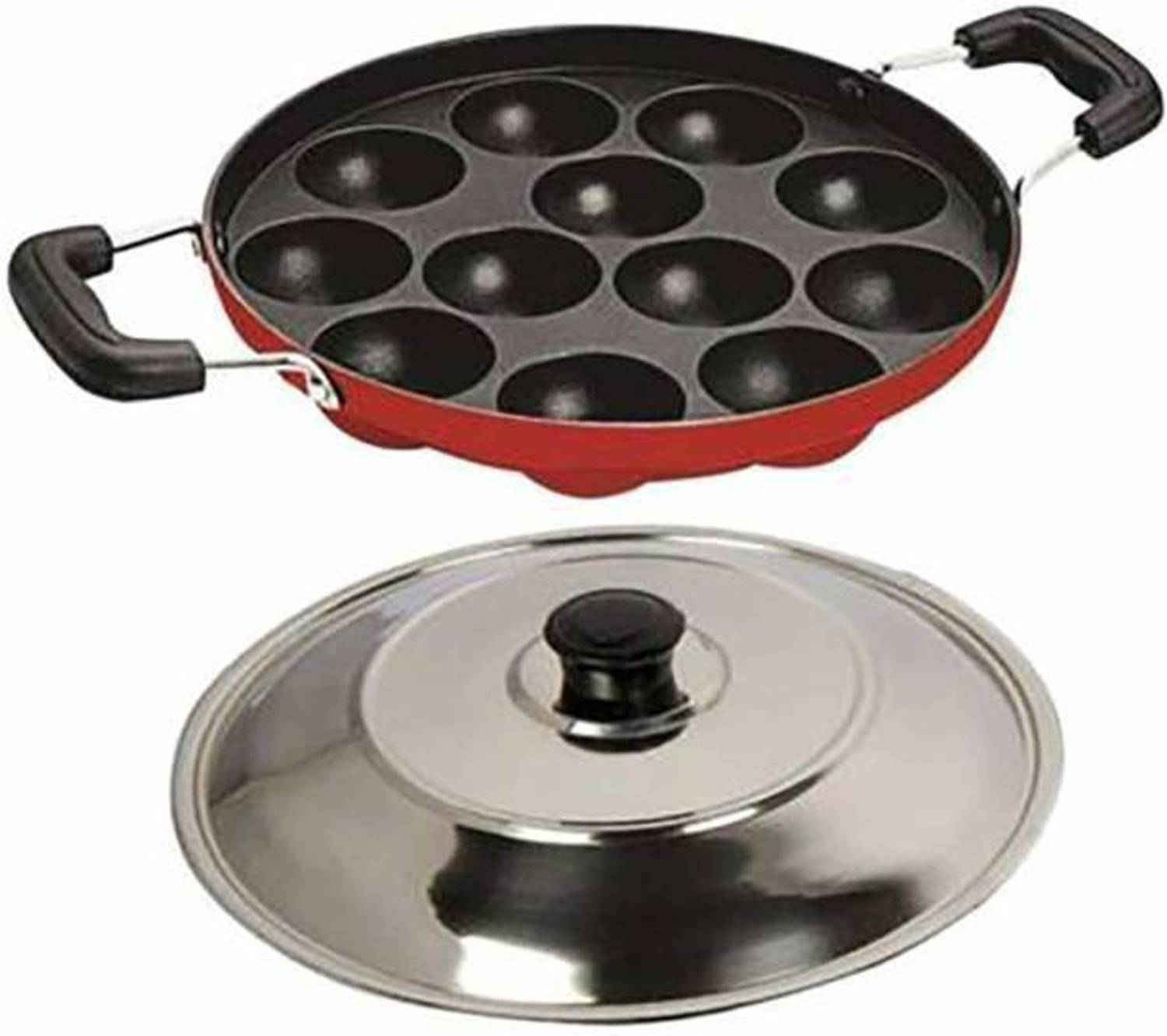Aquasleri Appam Maker, Appam Pan, Appam Patra, Nonstick Pot Pan, 12 cavity Paniarakkal Pan 23 cm diameter with Lid 1 L capacity