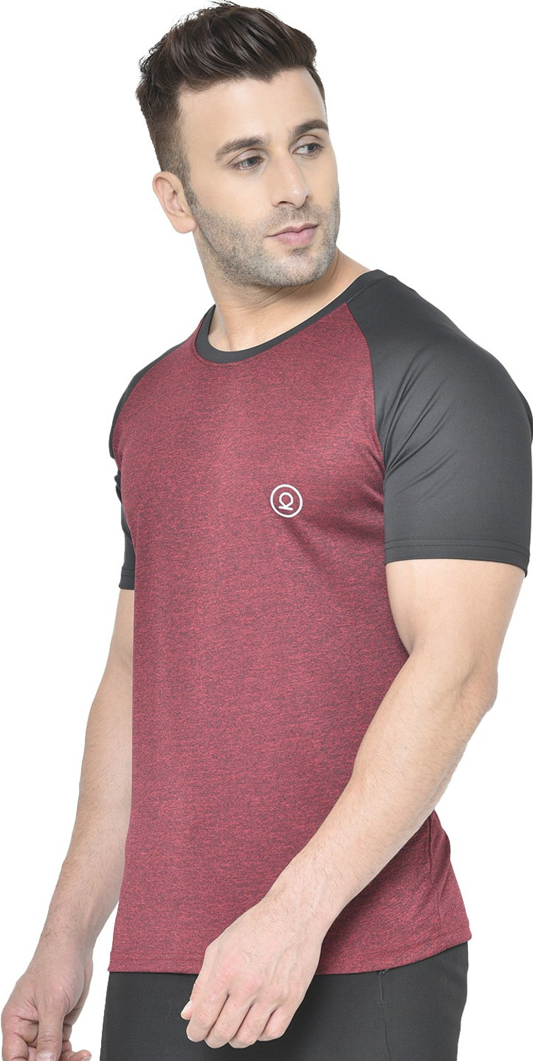 Image of CHKOKKO Colorblock Men Round Neck Maroon, Grey T-Shirt