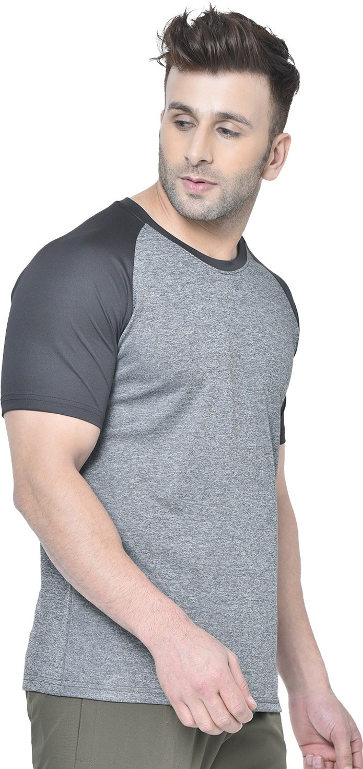 Image of CHKOKKO Colorblock Men Round Neck Black, Grey T-Shirt