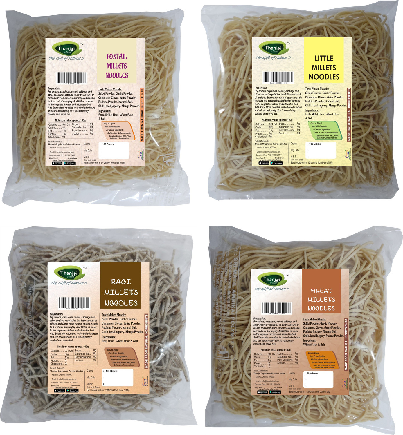 Image of THANJAI NATURAL Millet Noodles 180 Grams X 4 Variities of Homemade Millets Noodles ( FOXTAIL, WHEAT,RAGI, LITTLE MILLLETS ) No Preservatives, No Chemicals, No Artificial Extract Combo