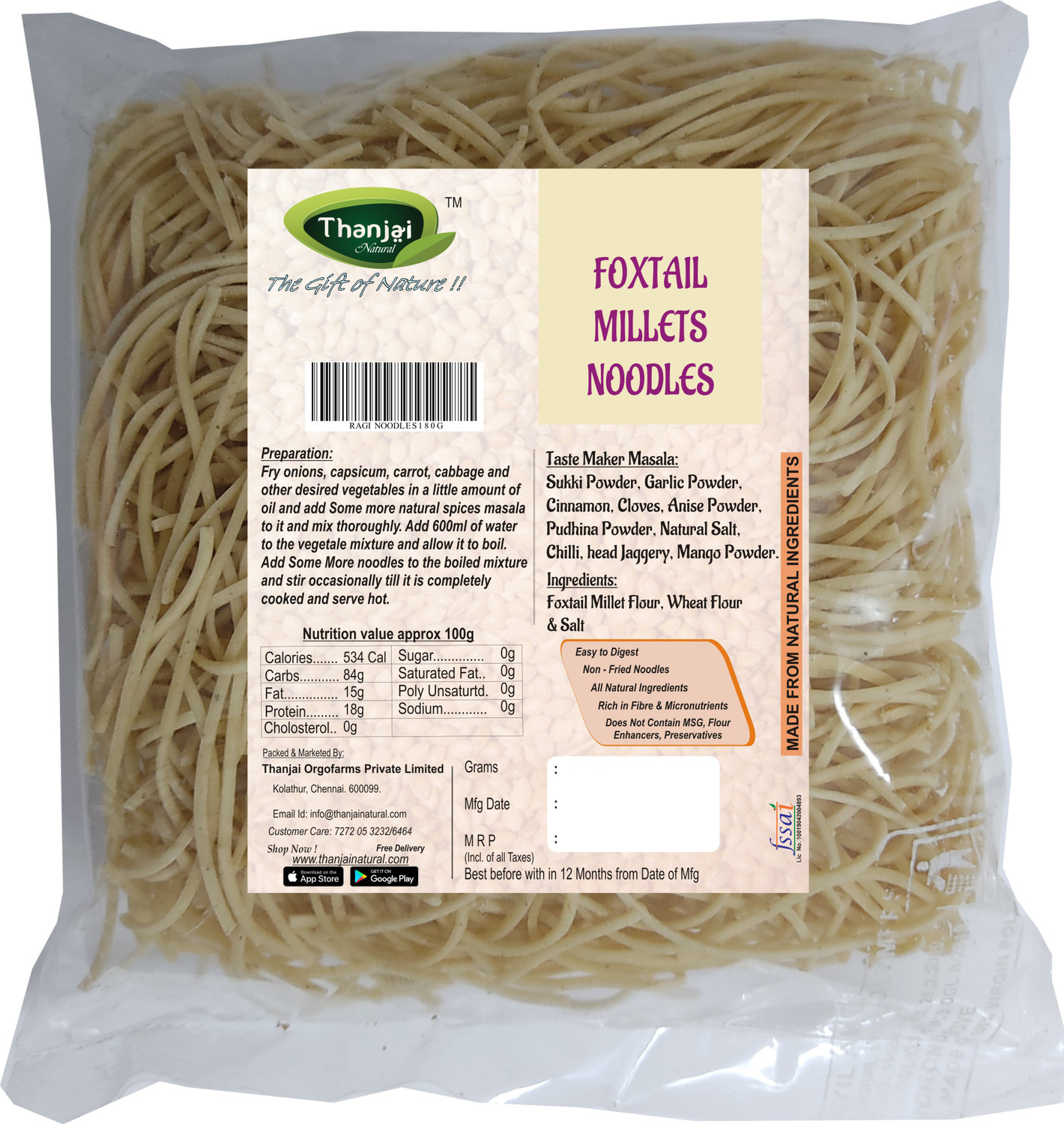 Image of THANJAI NATURAL Millet Noodles 180 Grams X 4 Variities of Homemade Millets Noodles ( FOXTAIL, WHEAT,RAGI, LITTLE MILLLETS ) No Preservatives, No Chemicals, No Artificial Extract Combo