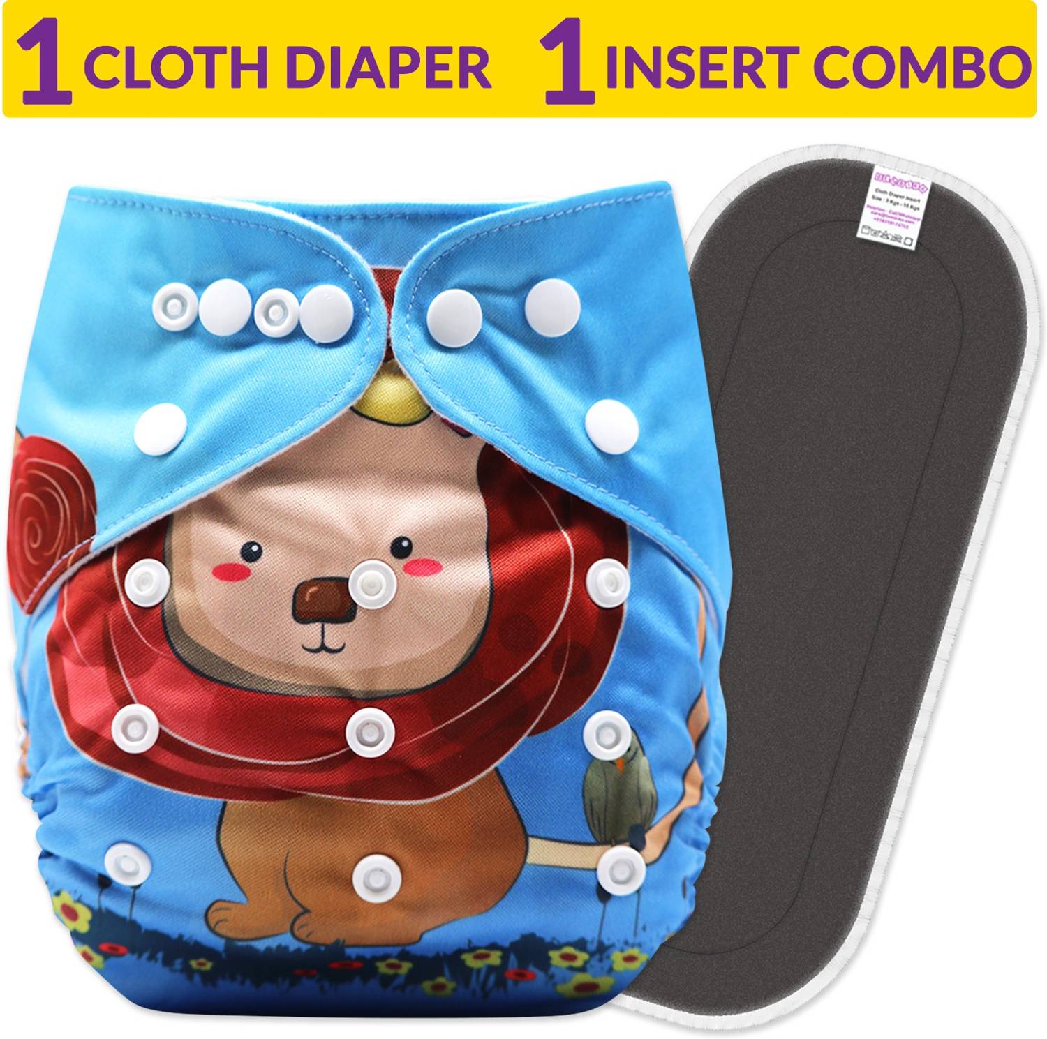 Bembika Cloth Diapers for Babies,Washable Reusable Cloth Diaper ll Sizes Adjustable with 5 Layer Bamboo Charcoal Insert (Baby Lion)