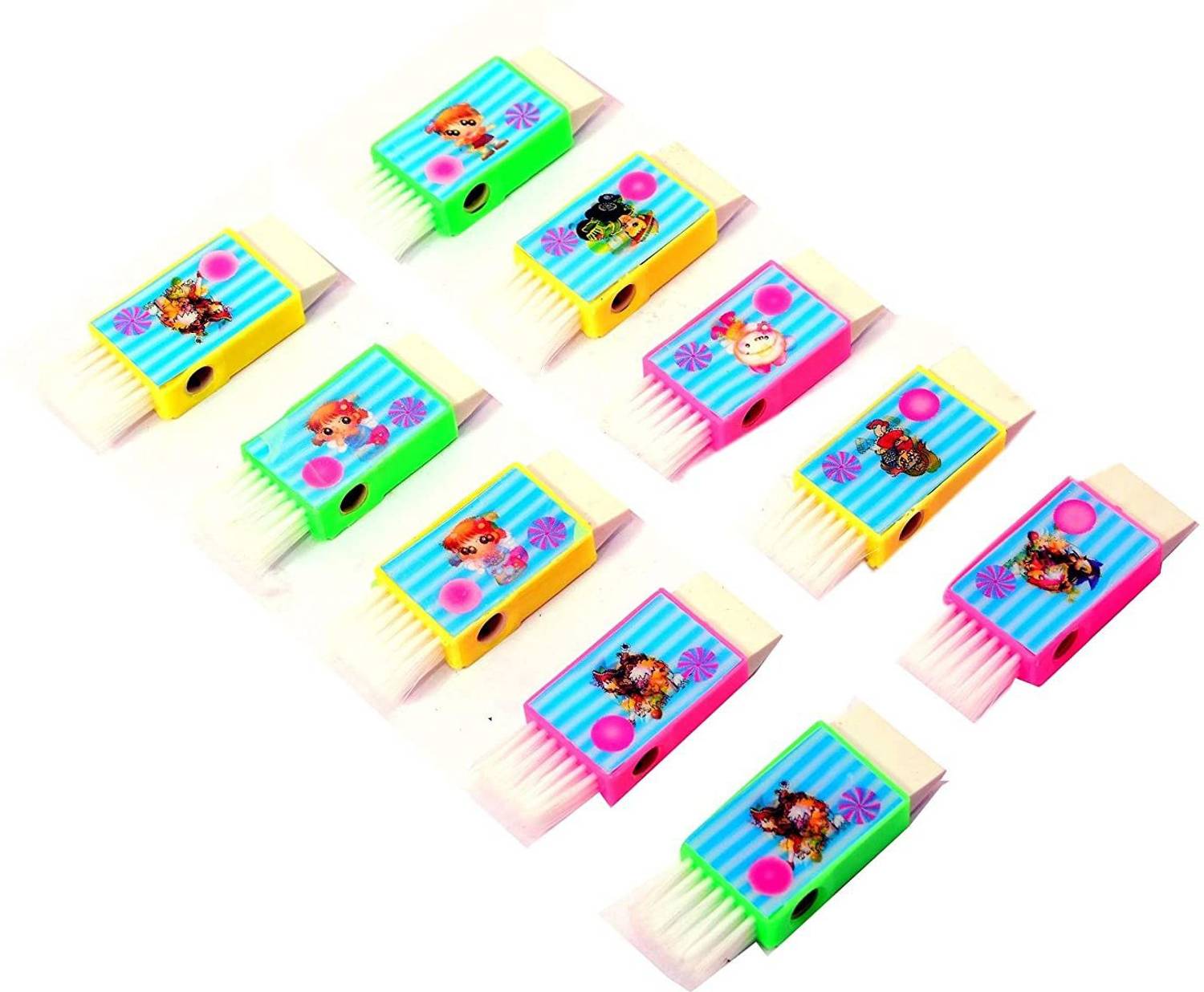 Aagaj Quality Sharpener-Eraser-Brush, 3 In One, Pack Of 10 - Multi Color, Best Git Item, Stationery Item Non-Toxic Eraser
