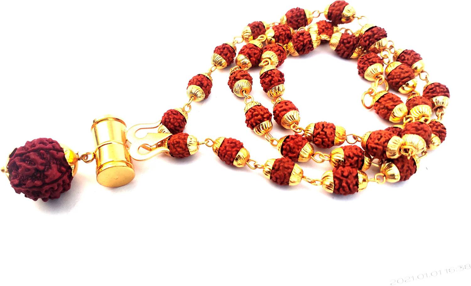 A1 Laxmi Ganesh Rudraksha Mala Big Size with Golden Cap for Unisex Wood Chain Brass Chain