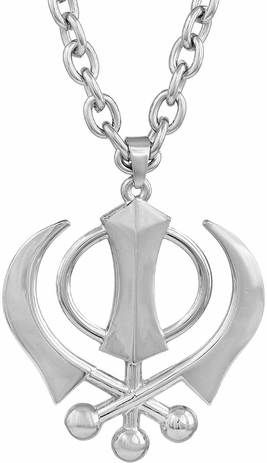 Adhvik (Medium Size) Unisex Metal Fancy & Stylish Oxidize Silver Plated Chrome Finish Wahe Guru Ji Punjabi Khanda Sikh Sardar Khalsa Symbol Logo Locket Pendant Necklace With Chain Religious Spiritual Jewellery Set Silver Metal