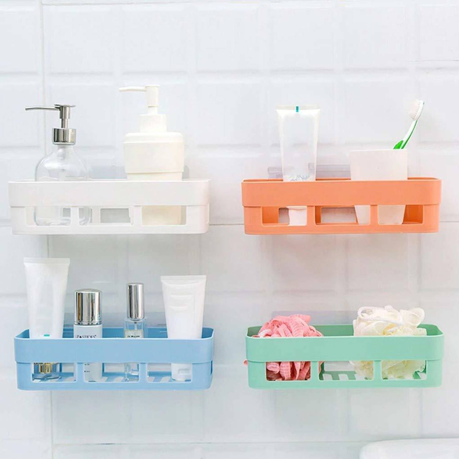 BLAPOXE Bathroom Shelf 4Pcs Set No Drill Super Adhesive Bathroom Shower Organizer Multipurpose Storage Rack(Multicolour) Plastic Wall Shelf