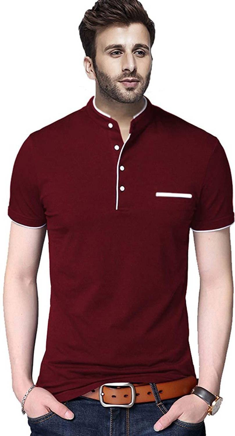 Jangoboy Solid Men Henley Neck Maroon T-Shirt