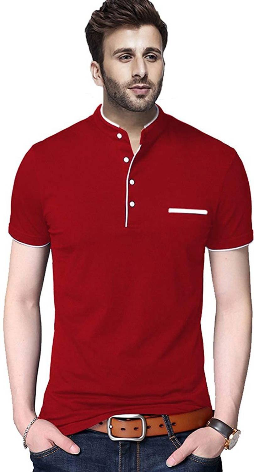 Jangoboy Solid Men Henley Neck Red T-Shirt